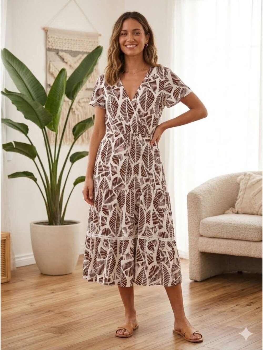 Botanical Leaf Print Midi Faux Wrap Dress Size 10 Retro Boho Cottagecore Prairie